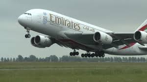 An Airbus A380 just getting airborne — fully loaded at 632 tons