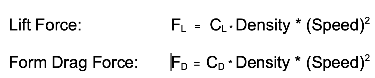 Lift and drag equations: L = C_L × (½ × density × velocity²) and D = C_D × (½ × density × velocity²)