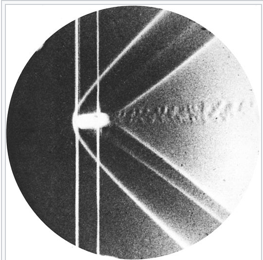 Ernst Mach's 1887 photograph of a bullet with visible shock waves emanating from its nose and tail