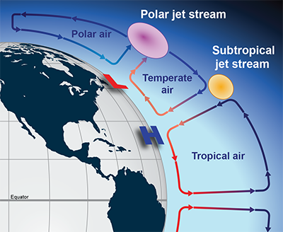 Cross-section of Earth's troposphere showing three convection cells per hemisphere and the two jet streams between them