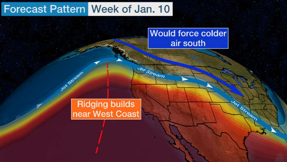 Another jet stream satellite image showing the meandering path of the polar jet in winter