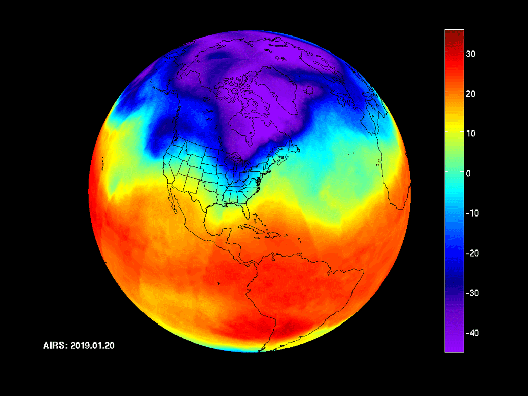 Satellite temperature map of January 2019 showing frigid polar air intruding into the central US while Alaska and Canada are abnormally warm