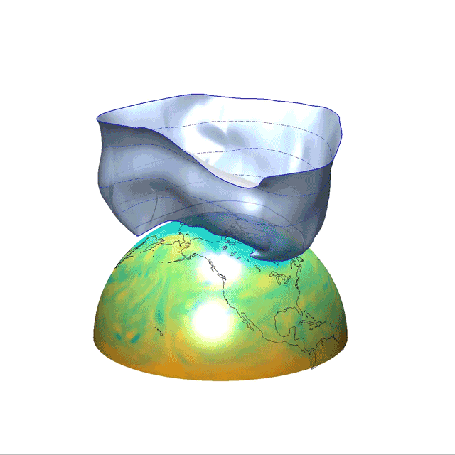 3D satellite data animation of the Polar Vortex boundary rotating around the North Pole like a flexible bowl