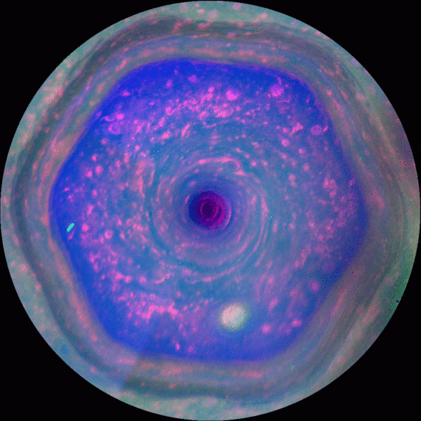 Cassini spacecraft image of Saturn's polar vortex — a hexagonal rotating storm at the north pole