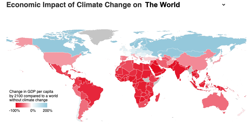 World map of projected GDP per capita change — northern nations benefit, tropical and subtropical nations suffer large losses