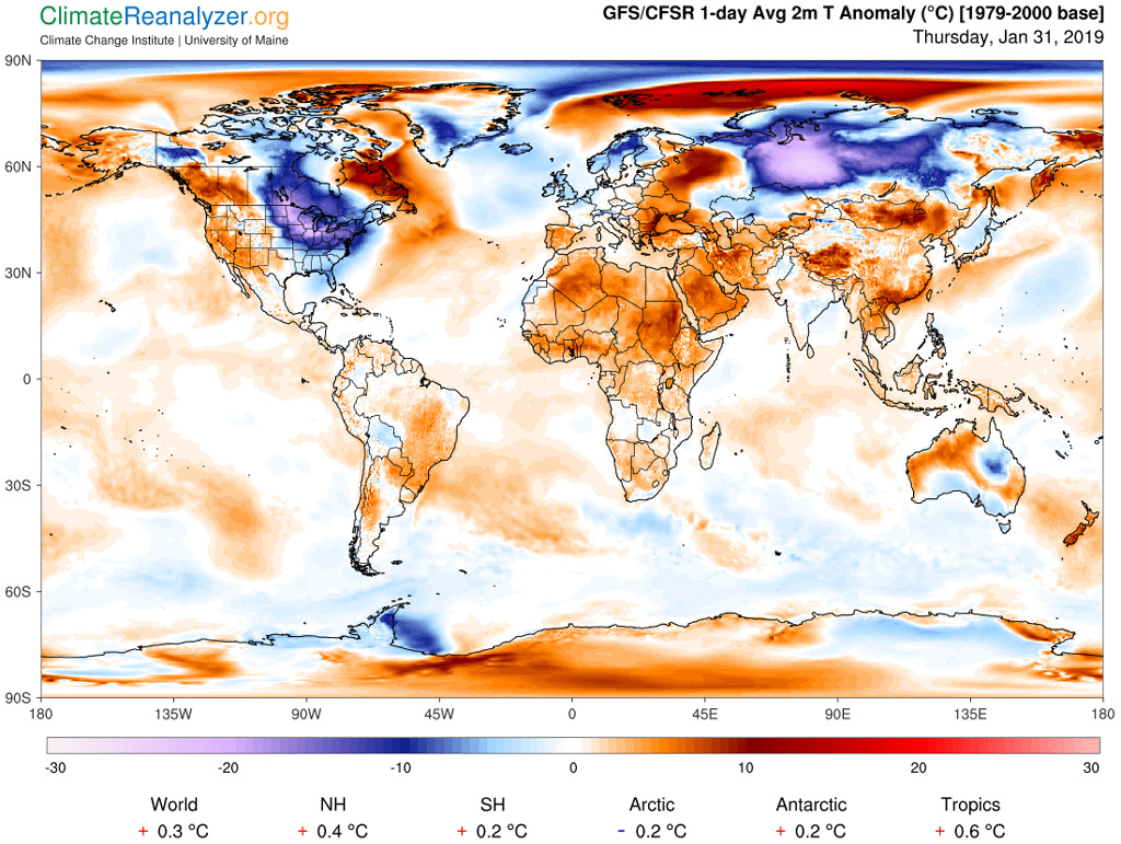 Global temperature anomaly map for January 31, 2019 — US Midwest -10°C to -20°C below normal, but Arctic and western Russia +10°C to +15°C above normal; world 1-day anomaly +0.3°C