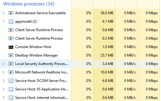 Windows Task Manager showing 34 Windows processes