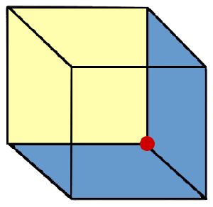 An ambiguous cube where the red dot can be perceived as either an outside or inside corner