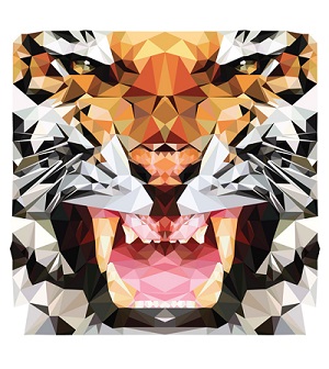A painting of a tiger composed entirely of triangles