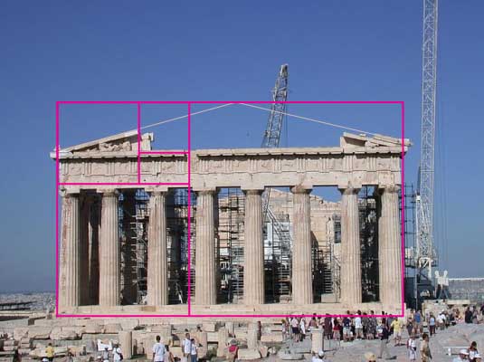The Greek Parthenon with Fibonacci squares superimposed, illustrating the Golden Rectangle in its proportions
