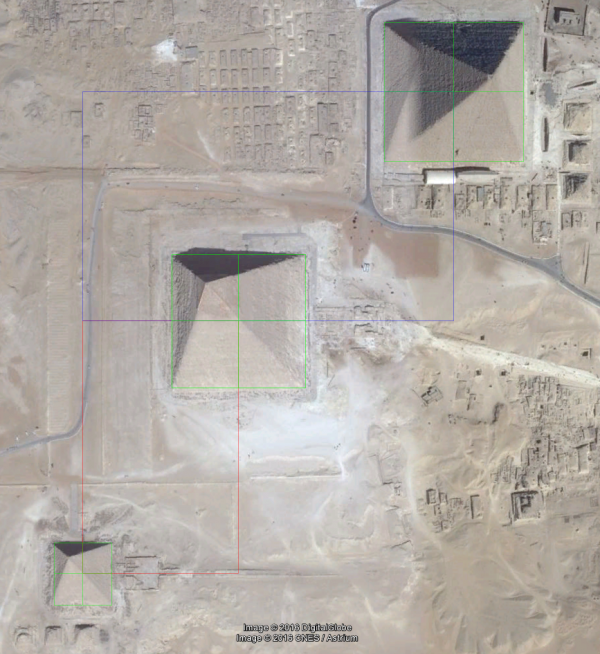 Satellite image of the three pyramids at Giza