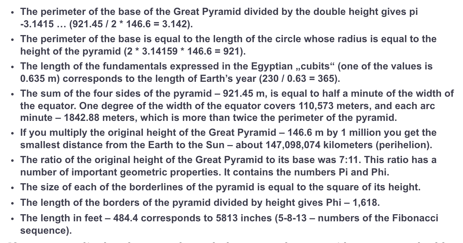 Collection of numerical coincidences found in the Great Pyramid's dimensions