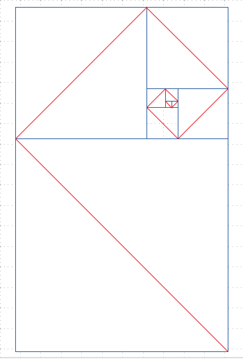 Fibonacci squares with red diagonal lines connecting the corners of each square