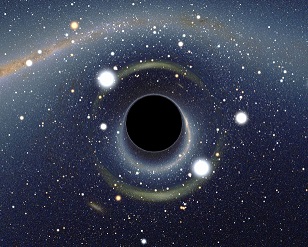Illustration of a black hole showing the event horizon and surrounding distorted space