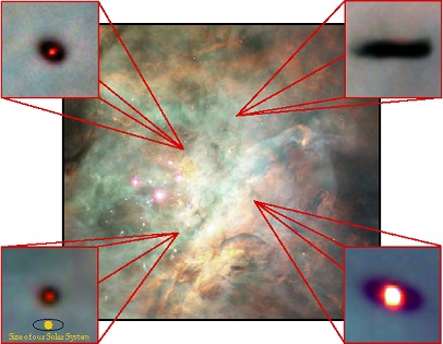 Four protostars in the Orion Nebula photographed by the Hubble Space Telescope