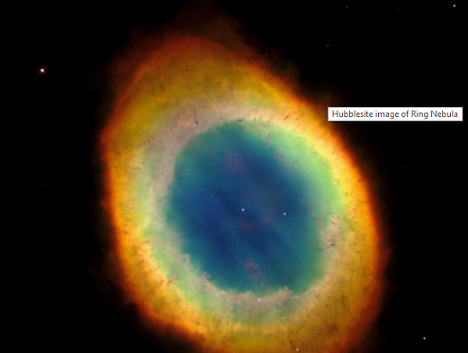 Hubble image of the Ring Nebula with the white dwarf visible as a small dot at its center
