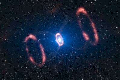 Hubble image of SN 1987A — two blast wave rings about 1 light year apart