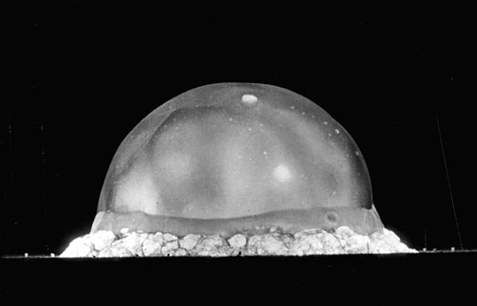 Trinity test fireball at 25 milliseconds after detonation, approximately 400 meters wide