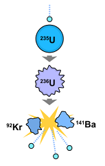 Diagram of uranium fission: a neutron splits uranium-235 into barium and krypton, releasing more neutrons